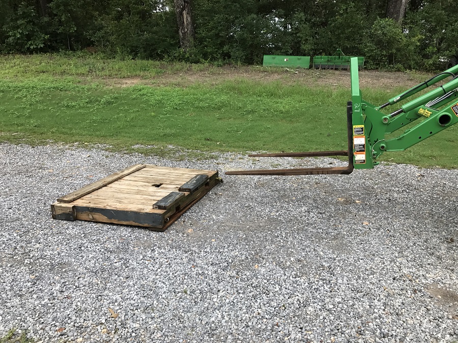 John Deere 4044M Pallet Forks with Custom Slide Off Work Stand